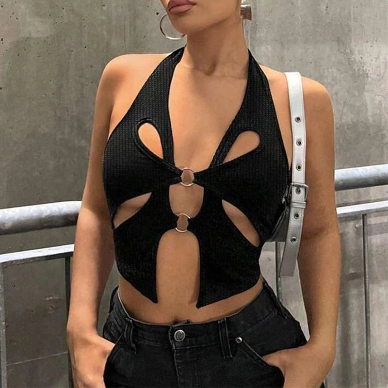 Top crop halter anneau métal – Femme