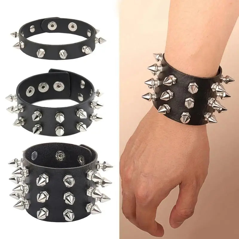 Bracelet punk cuir noir, clous métalliques