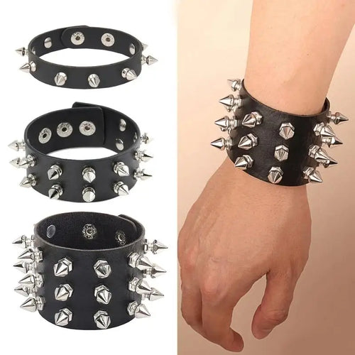 Bracelet punk cuir noir, clous métalliques